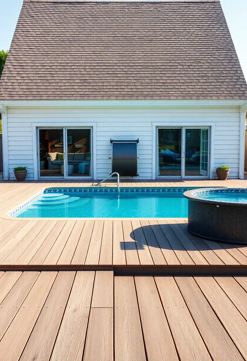 Hyper-realistic 3/4 view of above-ground pool with elevated deck connecting directly to adjacent pool house structure. Materials: composite decking in warm gray, white pool house exterior with shingle roof, sliding glass doors open to deck, dark pool framework, outdoor furniture arranged as conversation area. Soft morning light from right, revealing deck texture and pool house architectural details. Resort-style amenity mood showing seamless indoor-outdoor connection. Pool water in calm blue. Visible through sliding doors: storage areas for pool equipment and supplies. Balanced composition showing relationship between pool, deck, and pool house. No text, no logos, no watermarks.</p>
