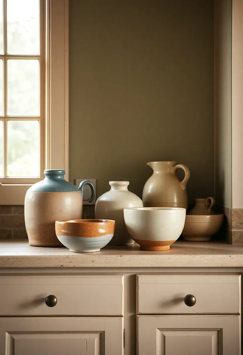 Vintage pottery collection arranged above kitchen cabinets in earthy tones