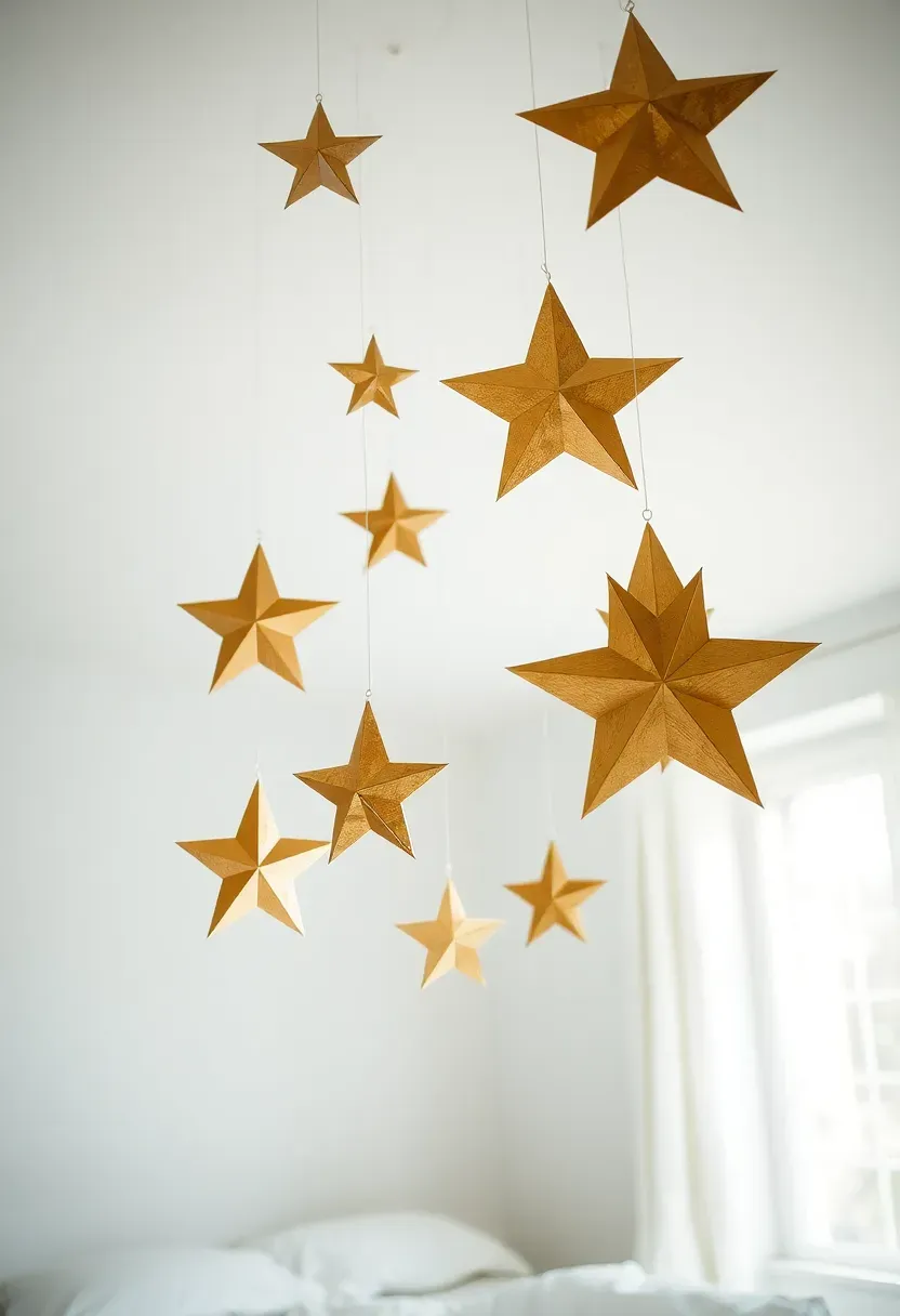 Hyper-realistic 3/4 view of bedroom ceiling area with hanging star mobile suspended above bed. Stars in varied sizes (4-8 inches) in metallic gold and white wood finish, hung at different heights using clear fishing line. Stars appear to float against white ceiling. Bed visible below with white duvet. Materials: wooden and metal stars, fishing line. Natural light from window, stars casting subtle shadows. Magical Christmas ceiling decor. Shallow depth of field, sharp details on star textures. No text, no logos, no watermarks.</p>