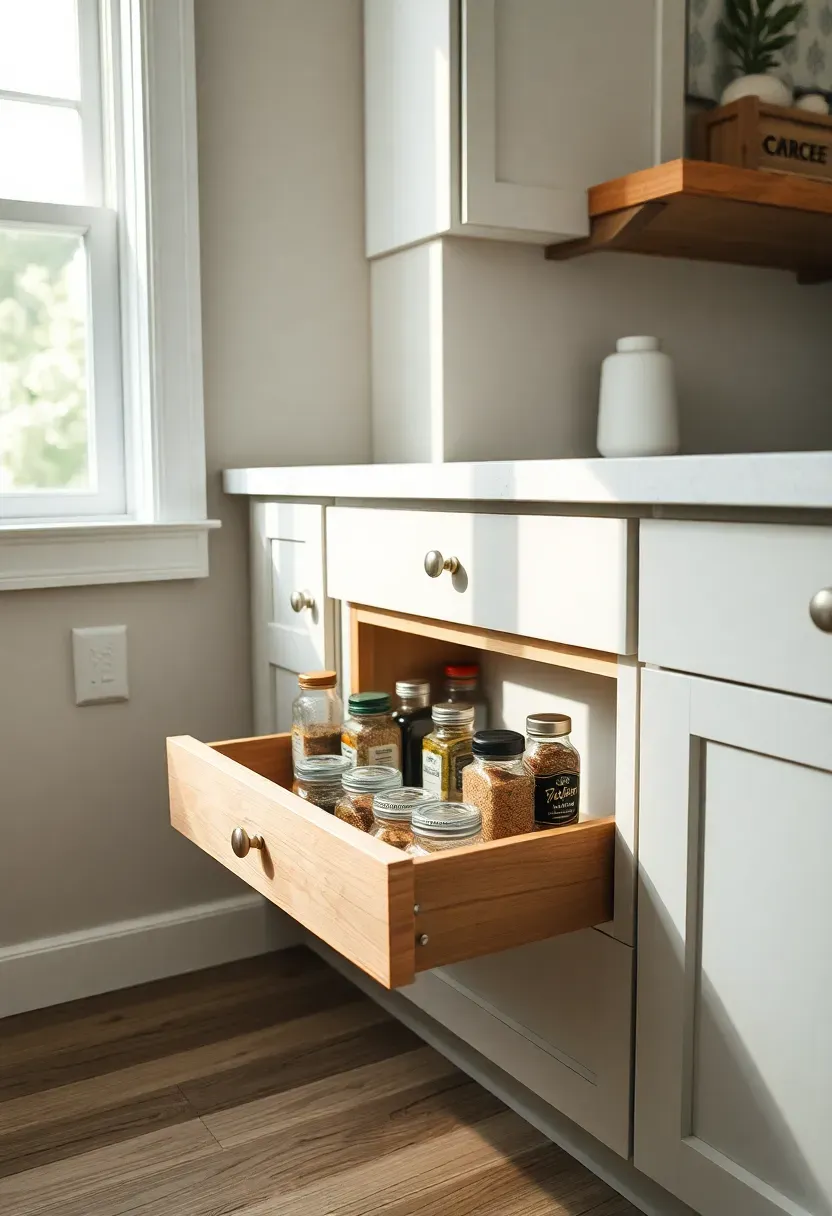 Hyper-realistic 3/4 view of a tiny house kitchen showing under-cabinet toe-kick drawer partially open with organized spice jars. Materials: white shaker cabinets, light butcher block counter, brushed nickel drawer pulls. Soft ambient window light from left casting gentle shadows. Quartz countertop with minimal decor. Drawer reveals neatly arranged glass spice bottles. Shallow depth of field, sharp focus on drawer contents. No text, no logos, no watermarks.</p>