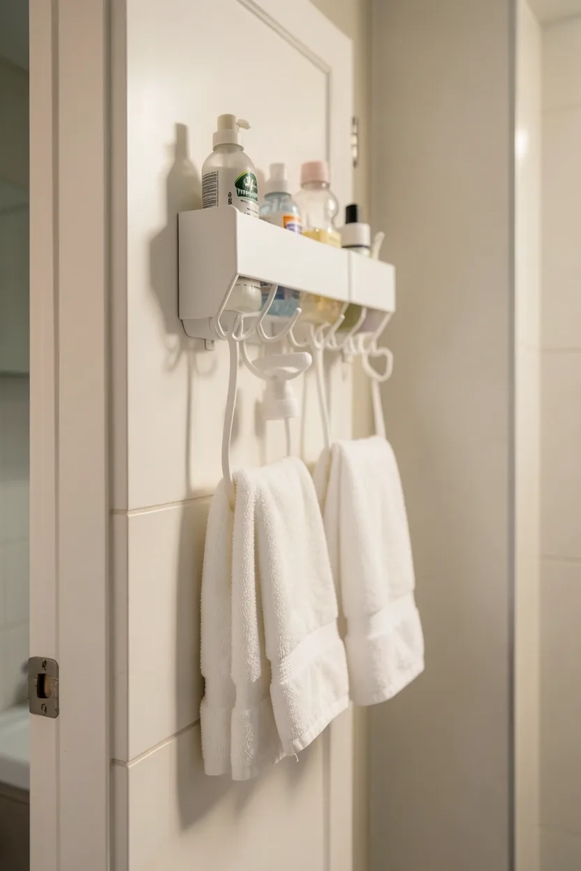 Multi-tier over-the-door organizer holding towels and toiletries in a small rental bathroom — no-drill storage idea