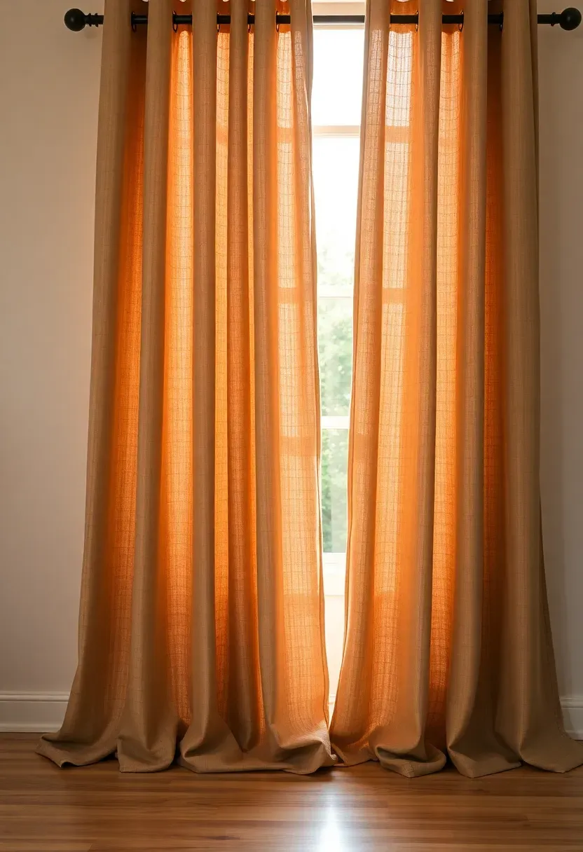 Floor-length linen drop-cloth curtains in natural oatmeal color hanging from an iron rod in a sunlit shabby chic living room