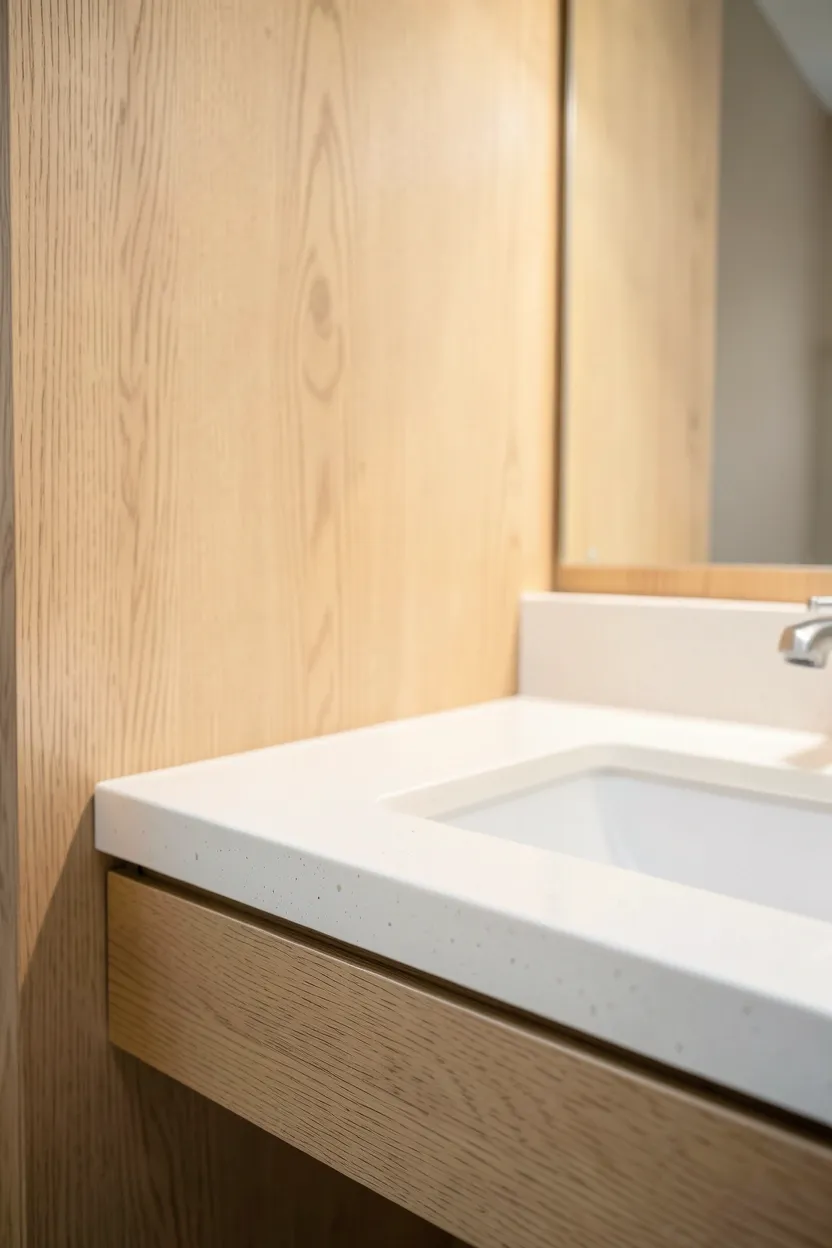 Light oak wood vanity base and floating shelf adding organic warmth to a modern Toca Boca bathroom