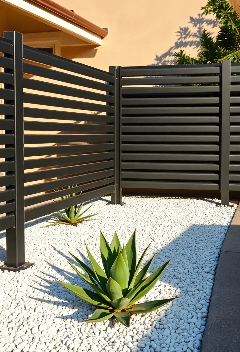 Modern horizontal metal slat fence in matte black with even spacing between aluminum bars in a minimalist backyard