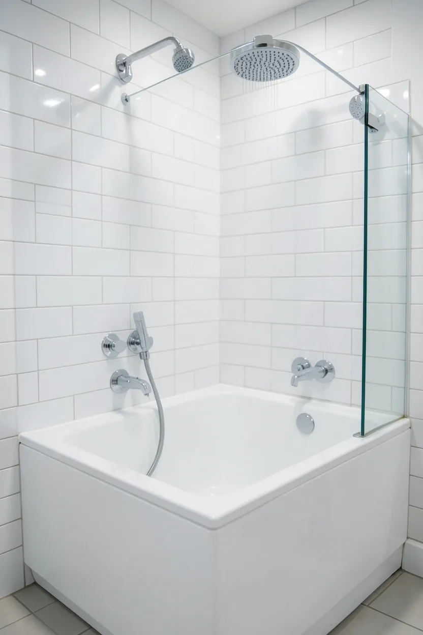 Compact bathtub with glass shower panel in a small apartment bathroom, combining soaking and showering in a minimal footprint