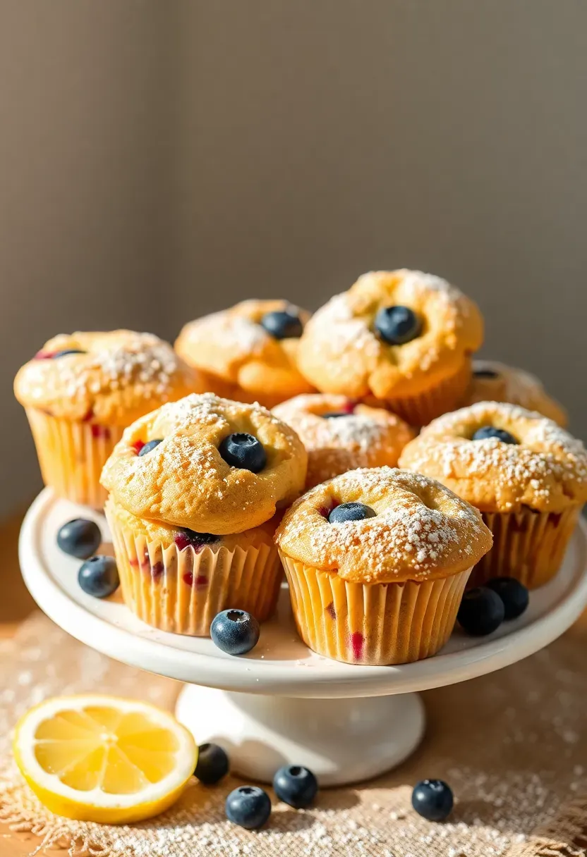 mini lemon blueberry muffins with powdered sugar dusting on a cake stand at a baby shower brunch table