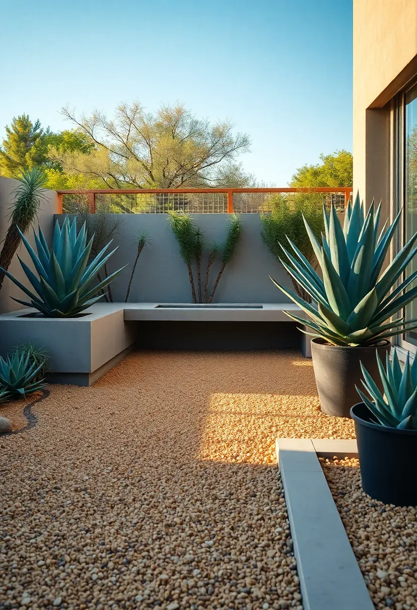 Modern patio garden with decomposed granite ground surface, built-in concrete bench seating, and potted agaves flanking the seating area