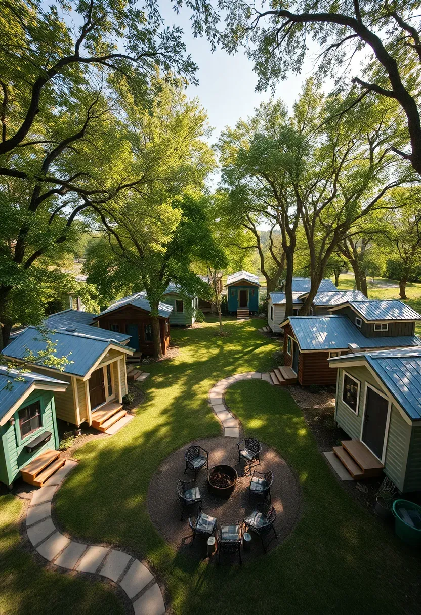 Hyper-realistic wide shot of a tiny house village community showing multiple tiny houses arranged around shared green space. Each house has unique design and color, walking paths connect them, mature trees provide shade. Materials: varied siding including wood, metal, corrugated steel. Soft afternoon dappled sunlight filtering through trees, community gathering area with fire pit. Cozy intentional community mood, no text or logos.</p>