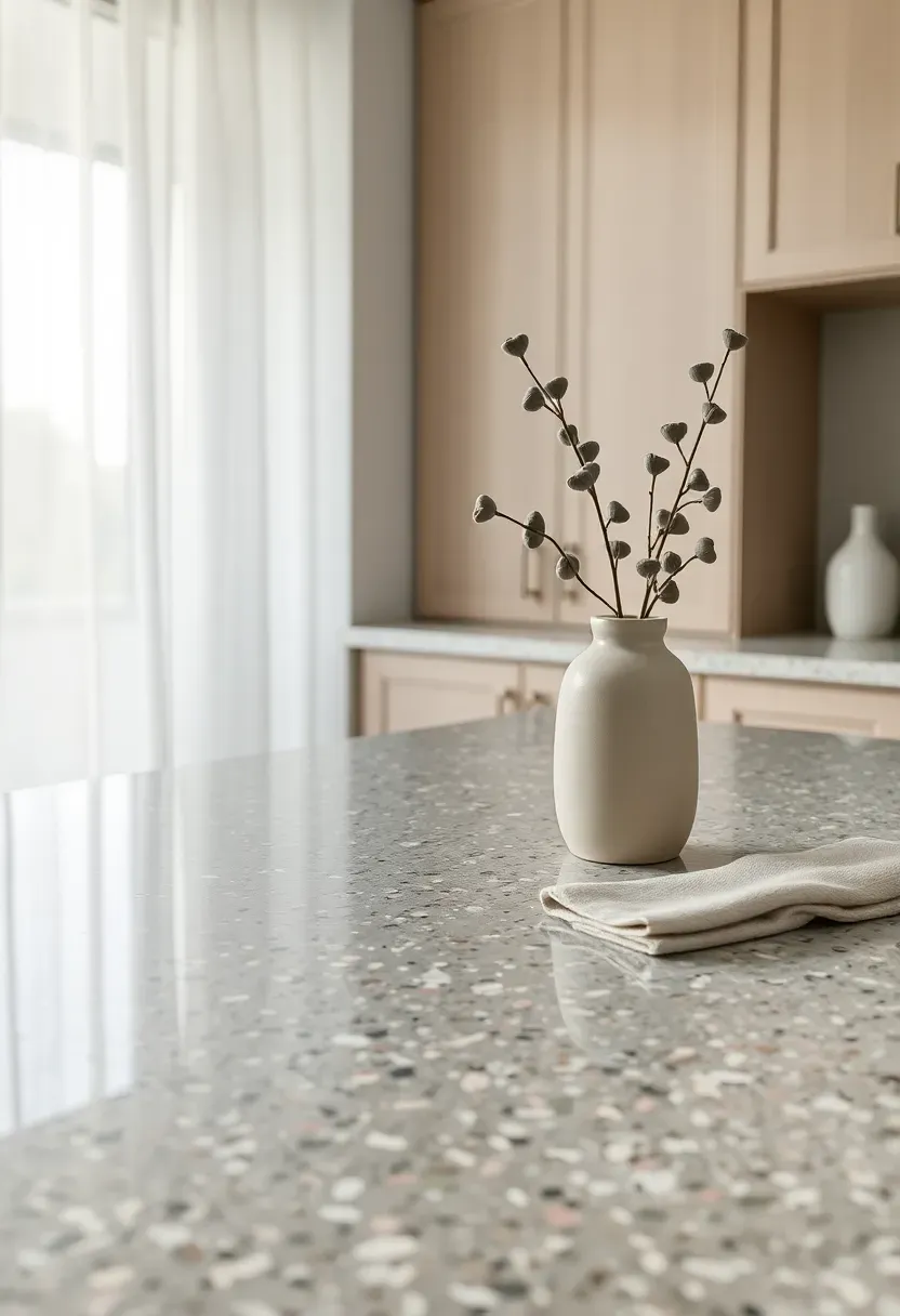 Kitchen countertop in speckled terrazzo with embedded marble and quartz chips