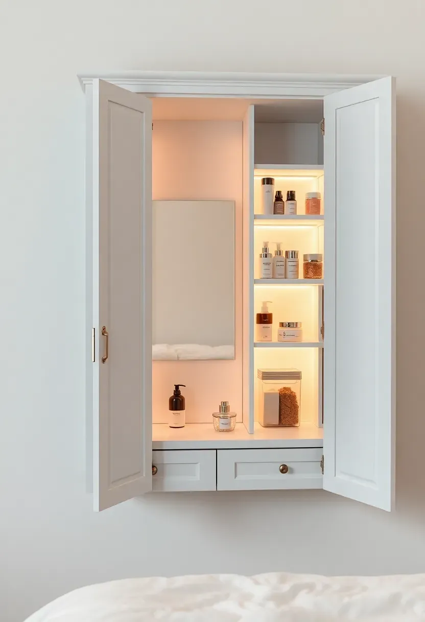 clever hidden cabinet vanity concealing beauty products behind closed doors for clean aesthetic