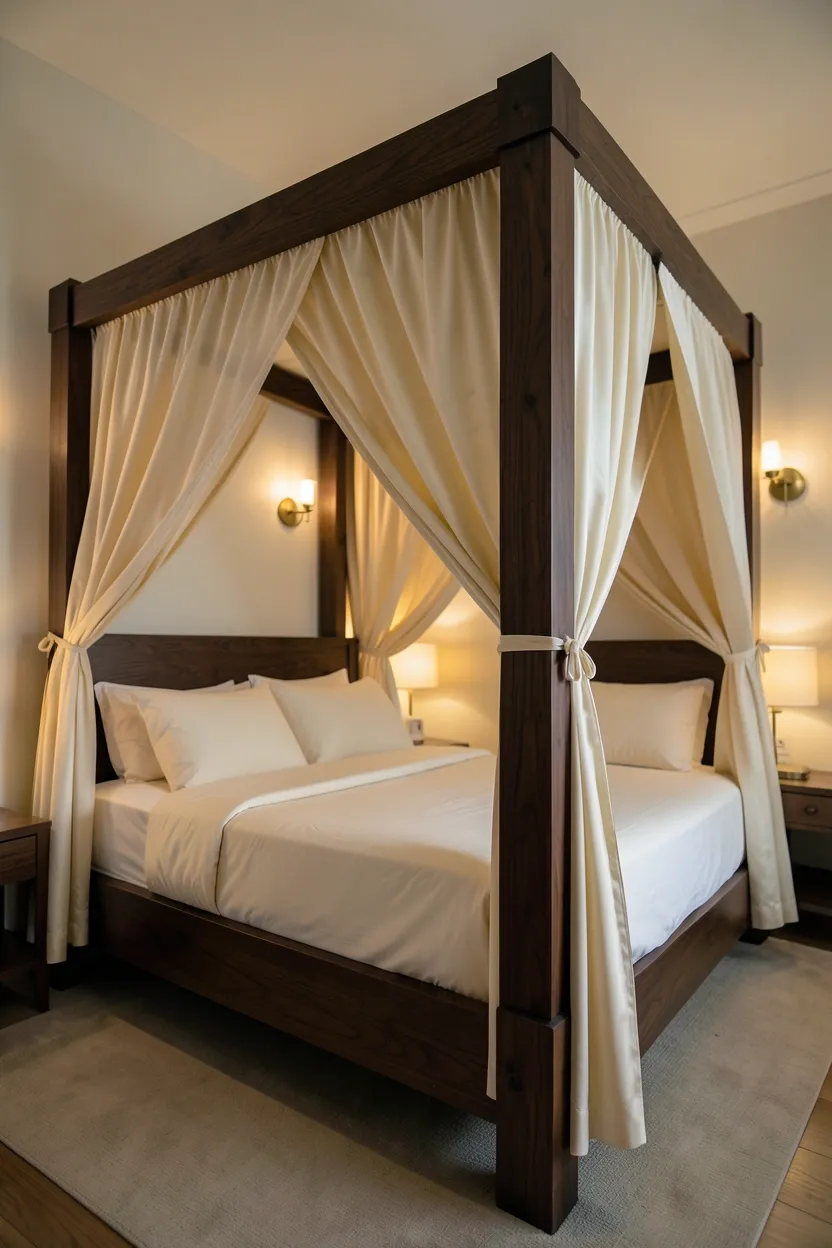 Dark wood four-poster bed with sheer linen canopy in an elegant modern luxury bedroom with high ceilings