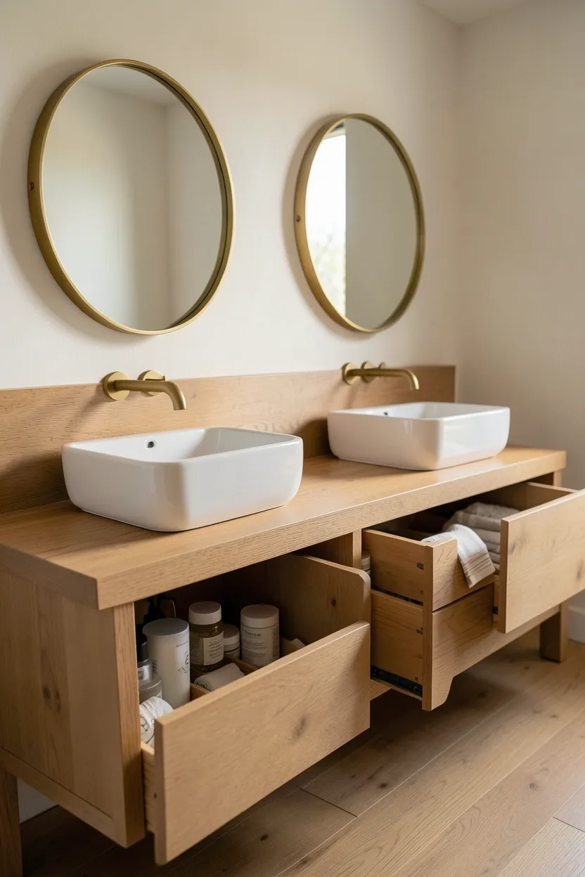 Warm oak double vanity with two vessel sinks, brass wall-mounted faucets, and matching round brass-framed mirrors — shared bathroom aesthetic design