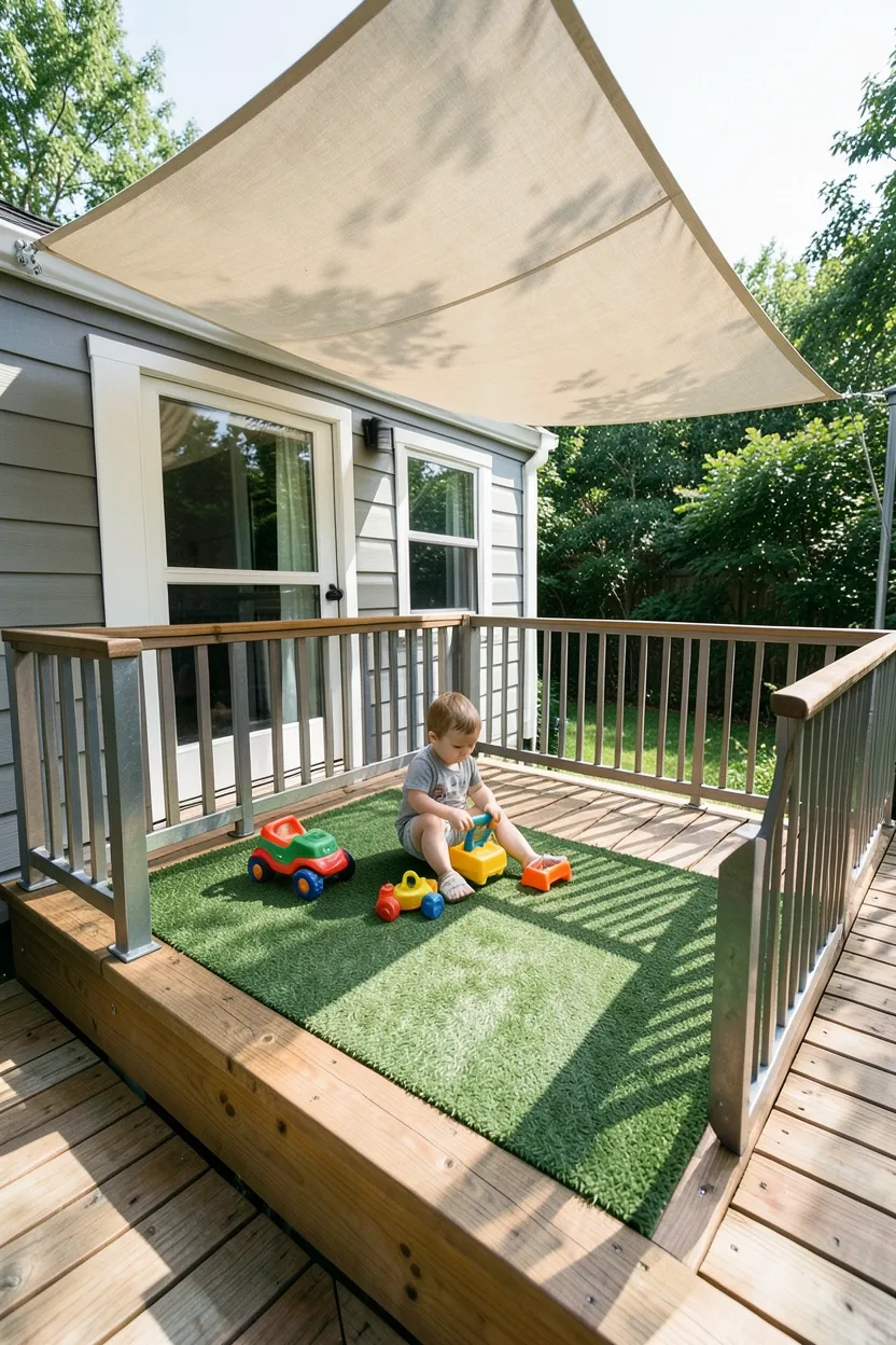 Small outdoor play deck attached to a tiny house with close-spaced vertical safety railings, rubber flooring, and retractable shade sail over a toddler play area