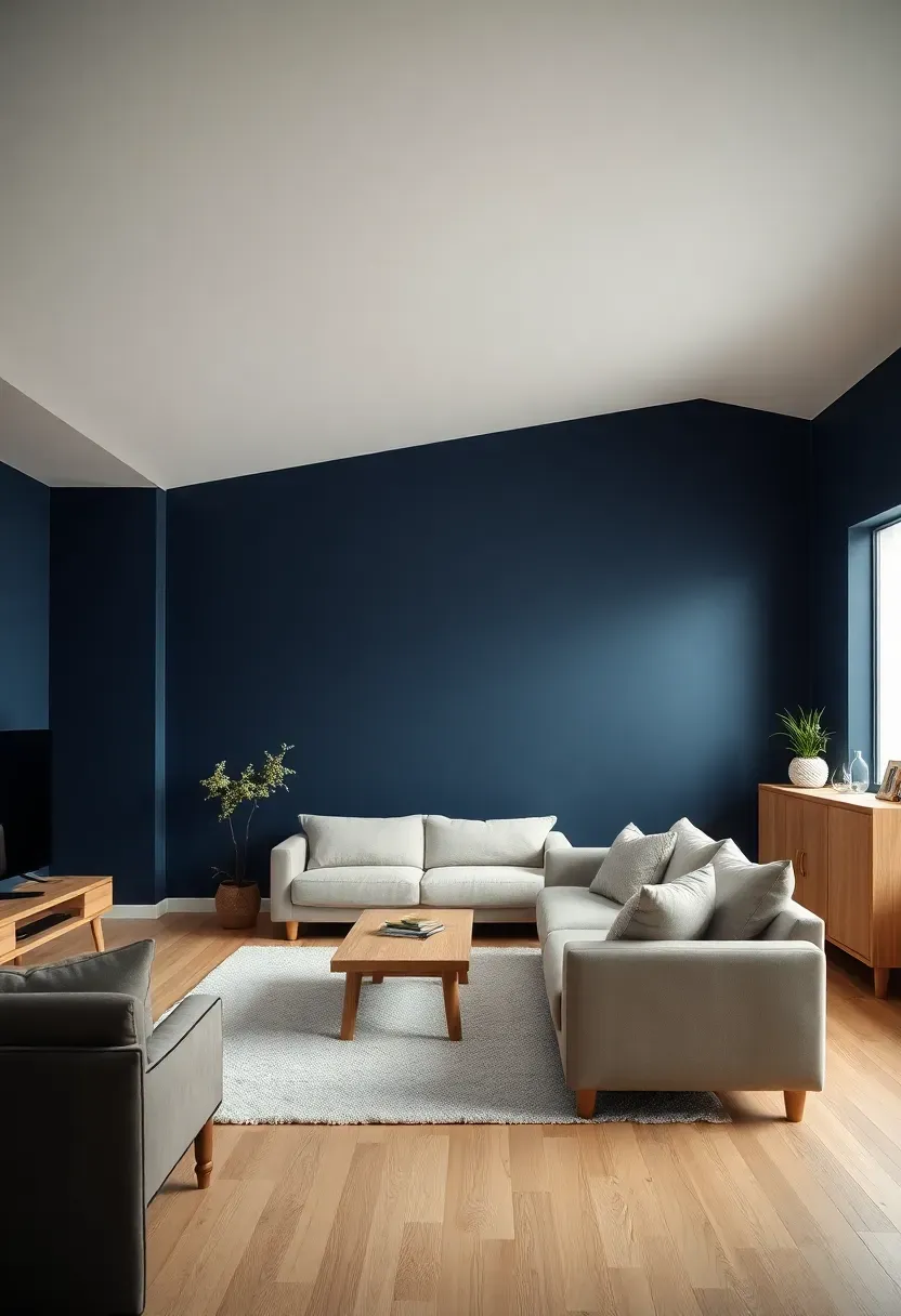 Hyper-realistic wide shot of minimalist living room with navy blue walls, light oak flooring, white ceiling, beige sofa, light oak coffee table, light oak sideboard. Materials: matte navy blue paint, light oak wood floors and furniture, beige linen sofa, white wool rug. Bright natural daylight, warm wood grain visible against navy walls, balanced and inviting atmosphere. Sharp contrast between navy walls and oak surfaces, clean composition, no clutter, no text, no watermarks.</p>