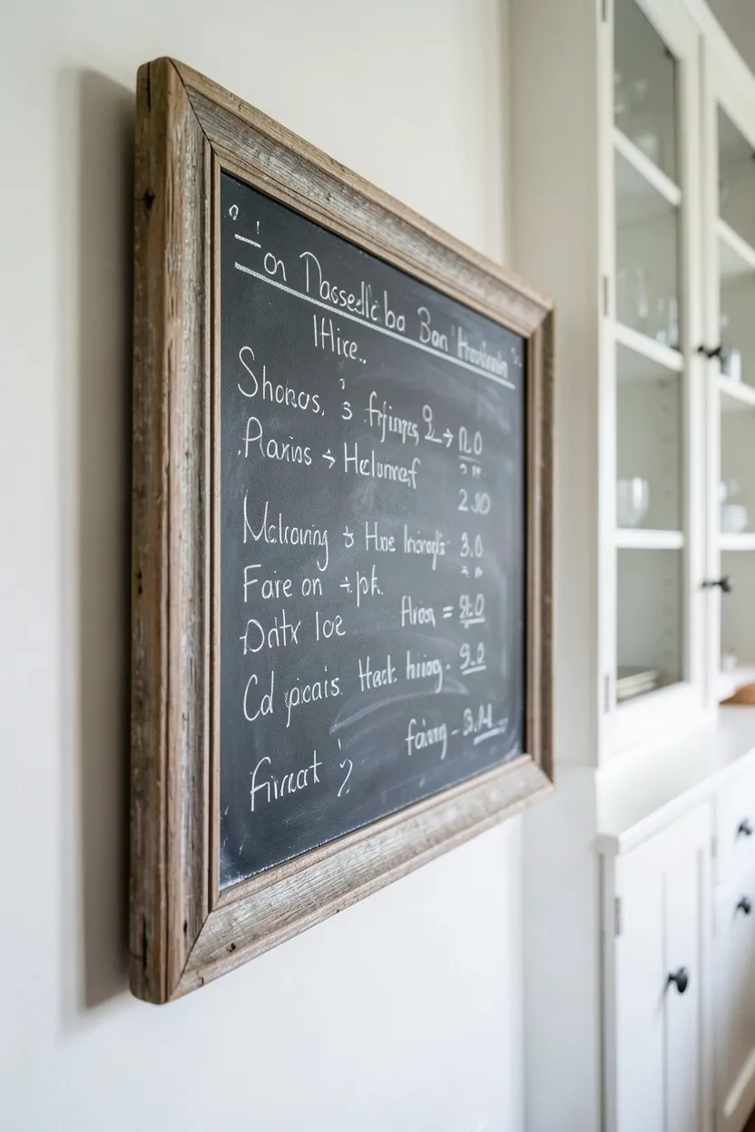 Distressed wood-framed vintage chalkboard mounted on a farmhouse kitchen wall with handwritten menu