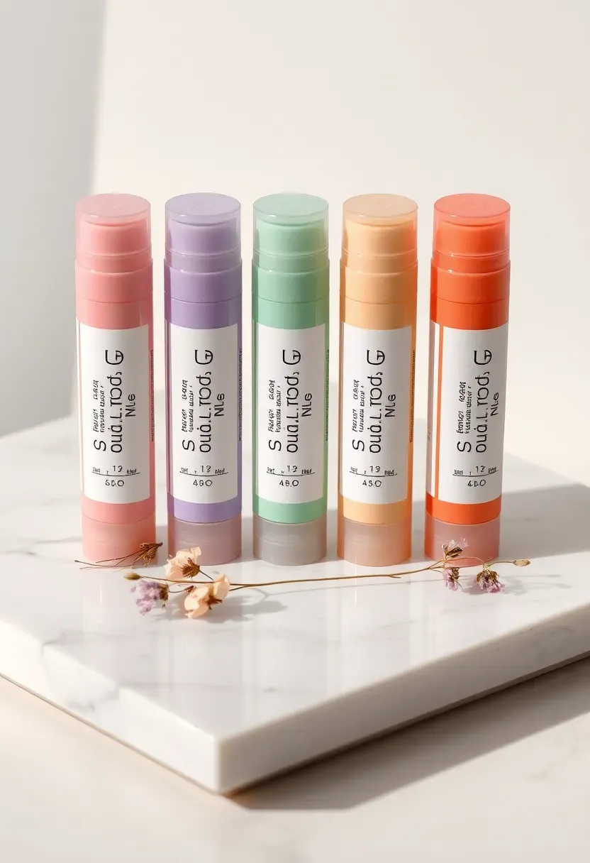custom lip balm tubes in pastel colors with baby shower label design on a marble tray