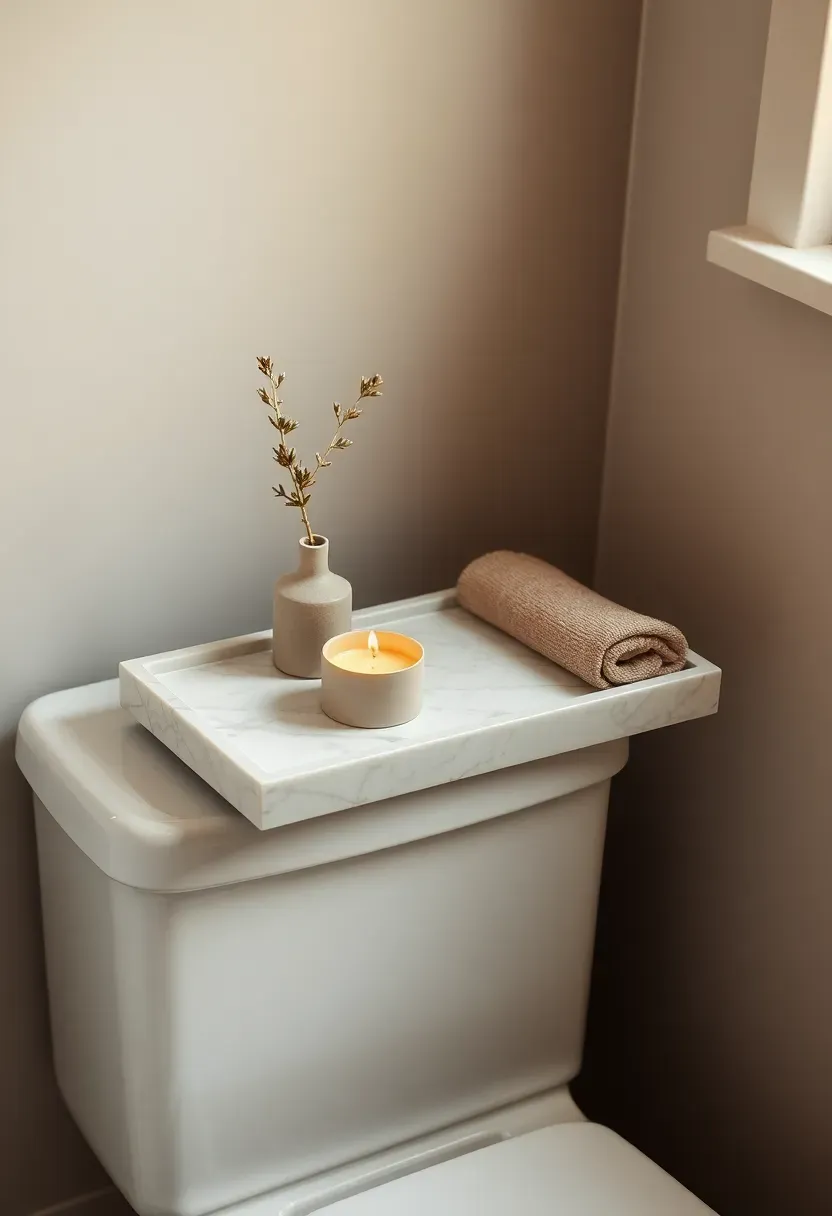 small marble tray on toilet tank with candle and rolled hand towel