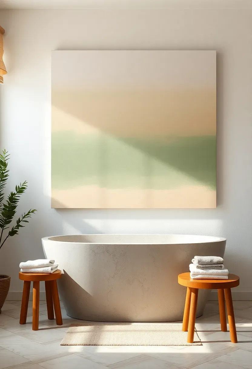 Large color field painting with a soft gradient from sage green to warm cream on canvas in a serene spa-like bathroom