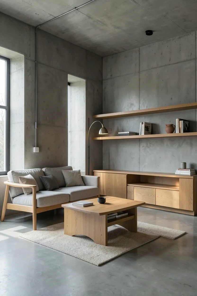 Raw concrete feature wall paired with warm light wood floating shelves and soft neutral textiles in a modern Scandinavian living room