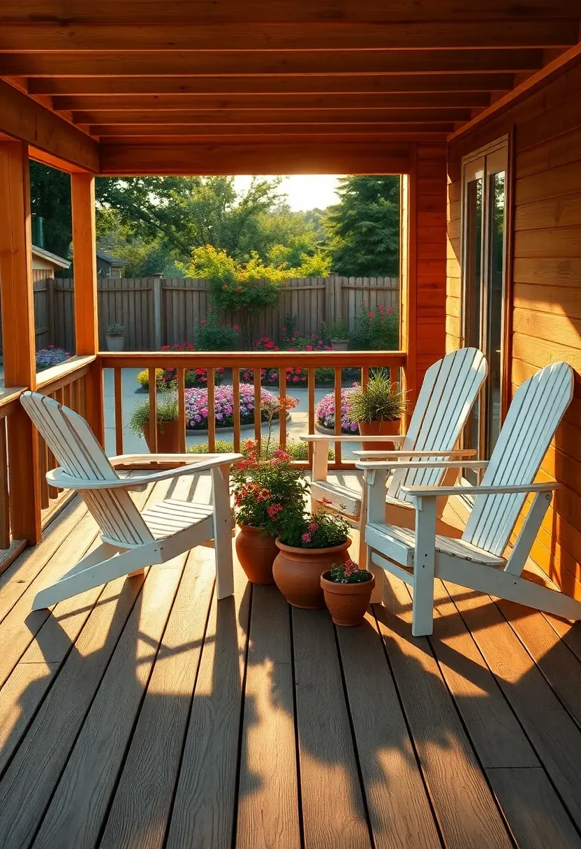 A garden shed with a wide wraparound wooden deck, Adirondack chairs, potted plants along the railing, and a view of a flower garden