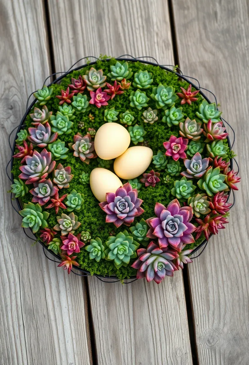 living succulent Easter wreath with green rosettes planted in a moss-filled wire frame