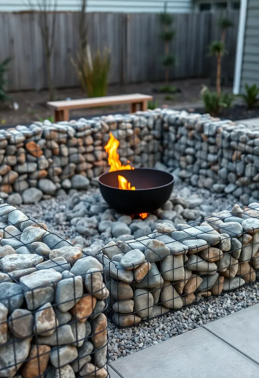 Hyper-realistic 3/4 view of a gabion firepit showing rectangular wire mesh cages filled with river rocks forming a square firepit enclosure, with a metal fire bowl positioned inside, plus L-shaped gabion bench seating, set on a gravel or concrete pad surface. Materials: galvanized steel wire mesh cages, smooth river rock fill in gray and tan tones, black steel fire bowl, gravel or concrete pad surface, minimal plantings. Evening lighting with fire glow visible through stone fill and wire mesh, creating textured industrial modern atmosphere. Visible stone texture through wire grid. Raw architectural aesthetic with honest material expression. Shallow depth of field emphasizing gabion texture foreground with bench and yard context visible beyond. No text, no logos, no watermarks.</p>
