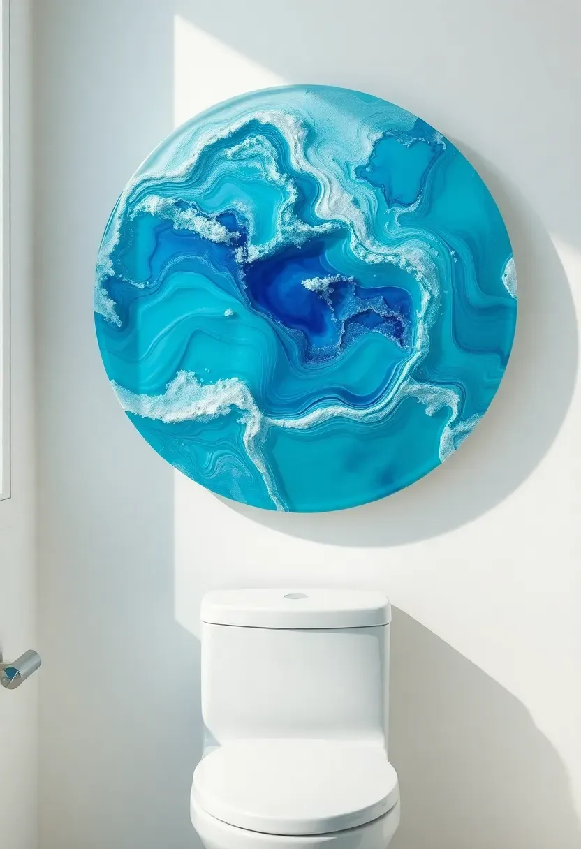 Circular resin ocean art piece with swirling turquoise blue and white layers resembling waves mounted on a white bathroom wall