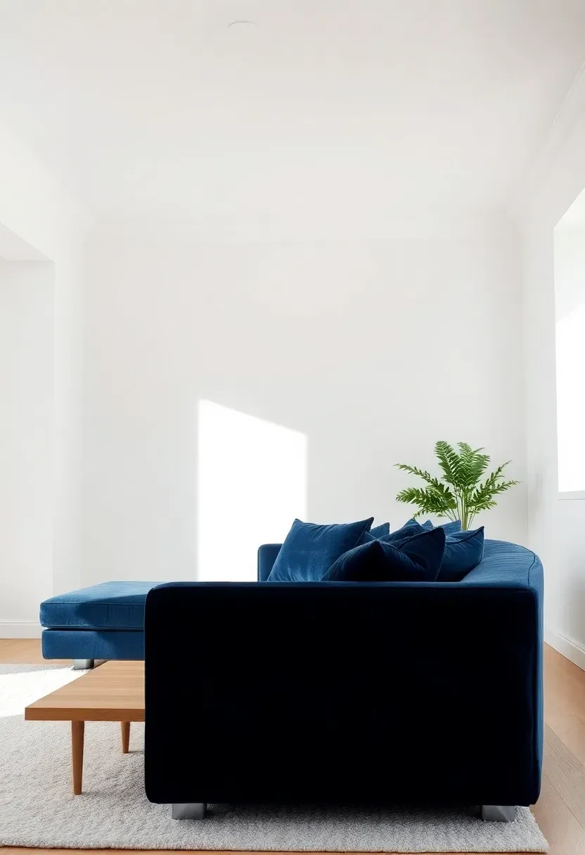 Hyper-realistic 3/4 view of minimalist living room with navy blue velvet sofa, white walls, white ceiling, white wool area rug, light oak coffee table. Materials: crisp white walls and ceiling, navy blue velvet upholstery with visible texture sheen, light oak table, white wool rug. Bright natural daylight, subtle shadows showing velvet's rich texture and light reflection, luxurious and serene atmosphere. Sharp contrast between navy sofa and white surroundings, clean composition with no clutter, no text, no logos.</p>