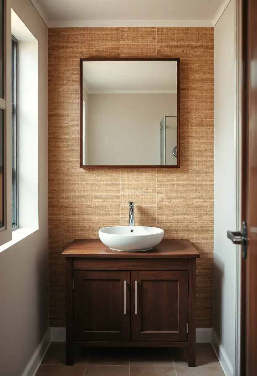 Grasscloth textured wallpaper accent wall in warm natural tan behind a wooden bathroom vanity with vessel sink