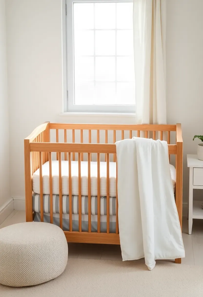 convertible crib in small baby boy nursery that transforms to toddler bed with natural wood and white bedding
