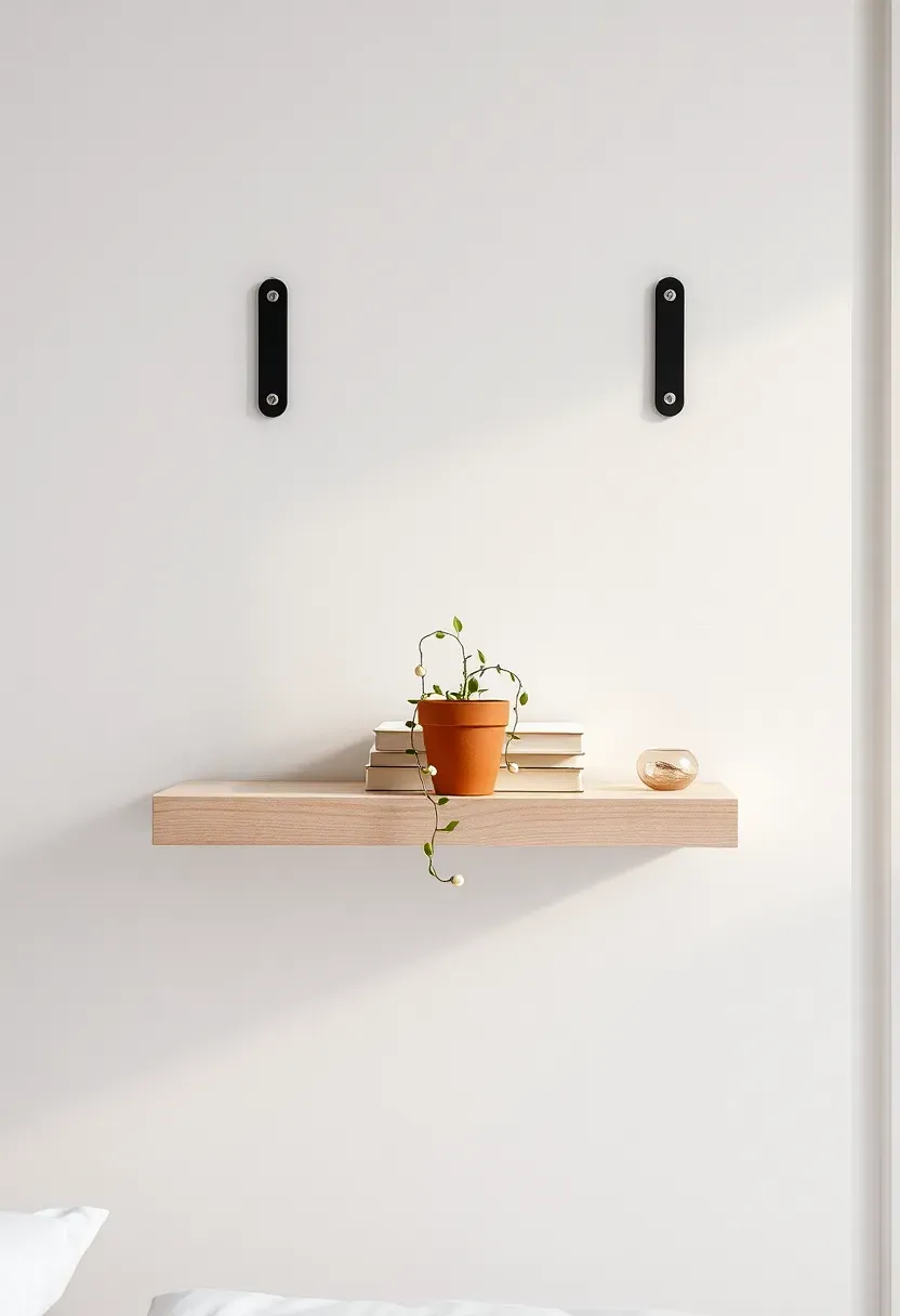 Floating wall-mounted shelf styled as a renter-friendly side table alternative with books and a small trailing plant in a compact bedroom