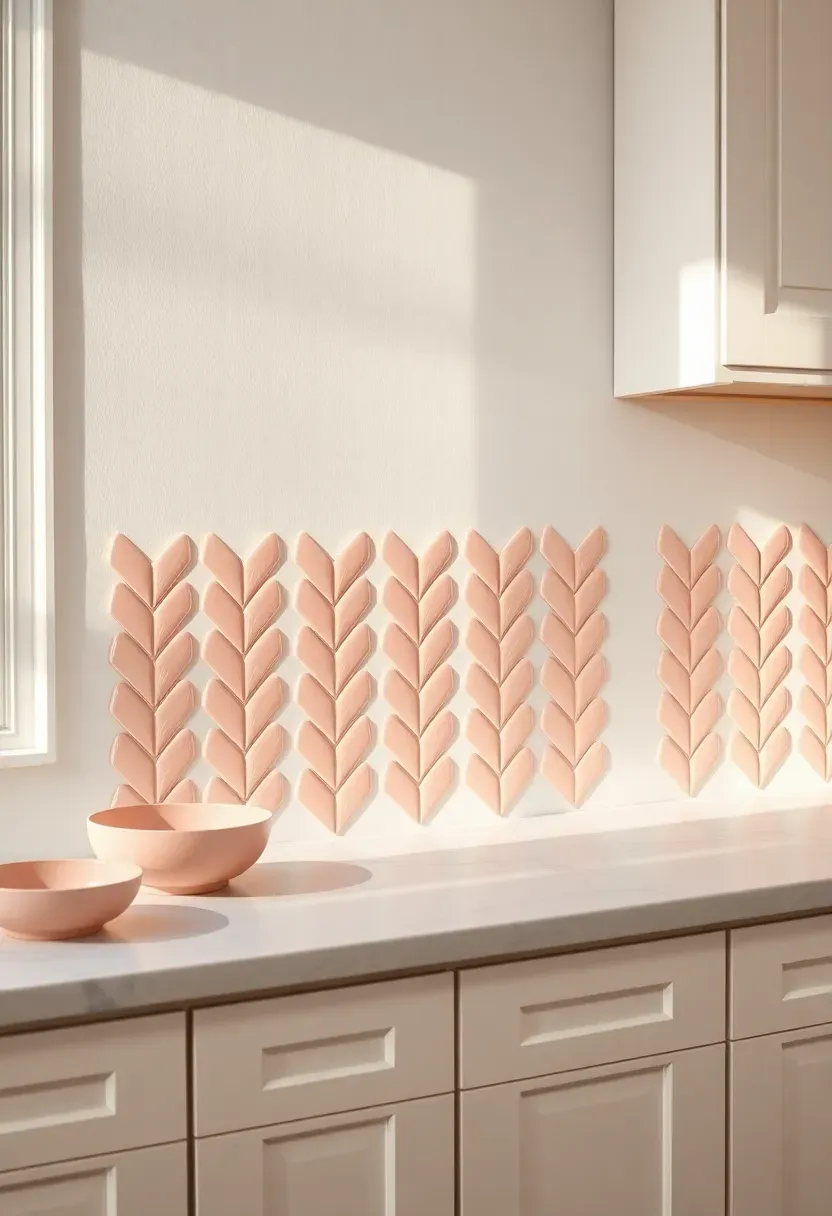 elongated picket arrow tile in glossy blush pink arranged vertically on a kitchen backsplash with white marble countertops