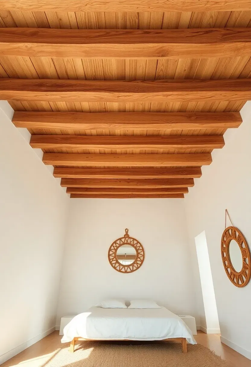 Warm white walls with natural wood ceiling beams