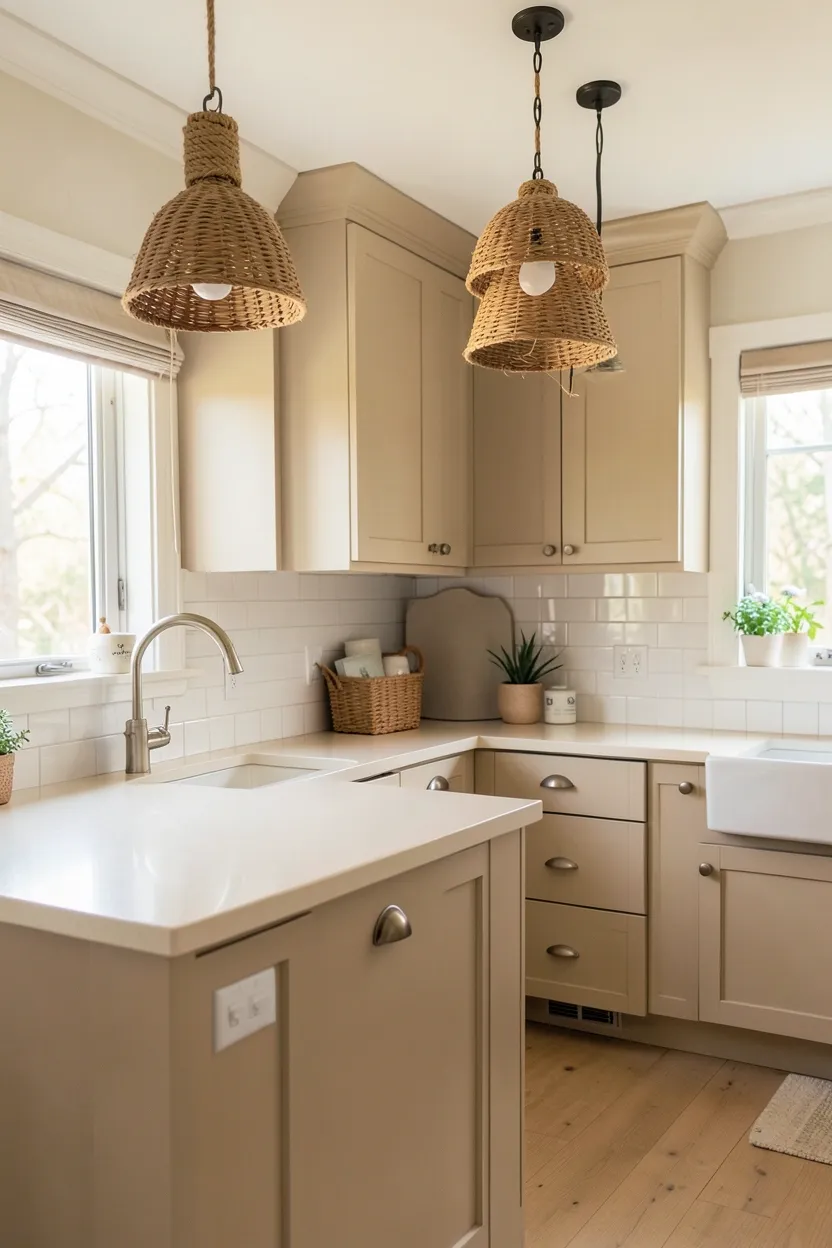 Sandy Beige Cabinets with Rope-Accented Lighting