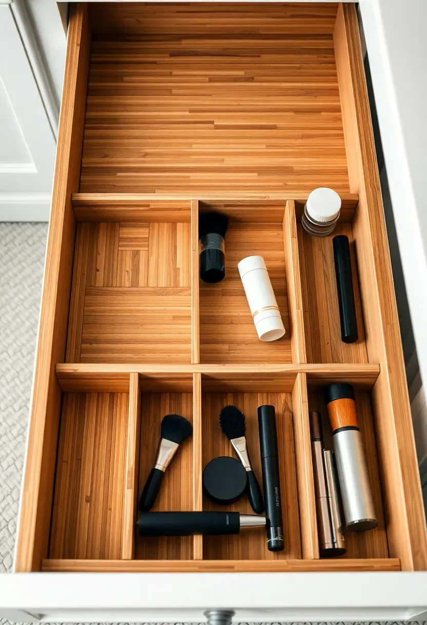 Open bathroom vanity drawer showing neat bamboo divider inserts separating makeup and grooming tools