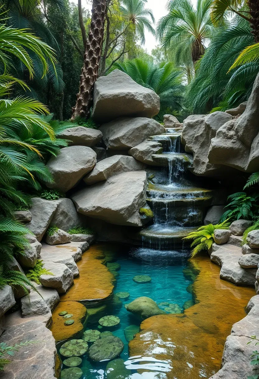 Organic natural rock pool with boulders and cascading waterfall in garden setting