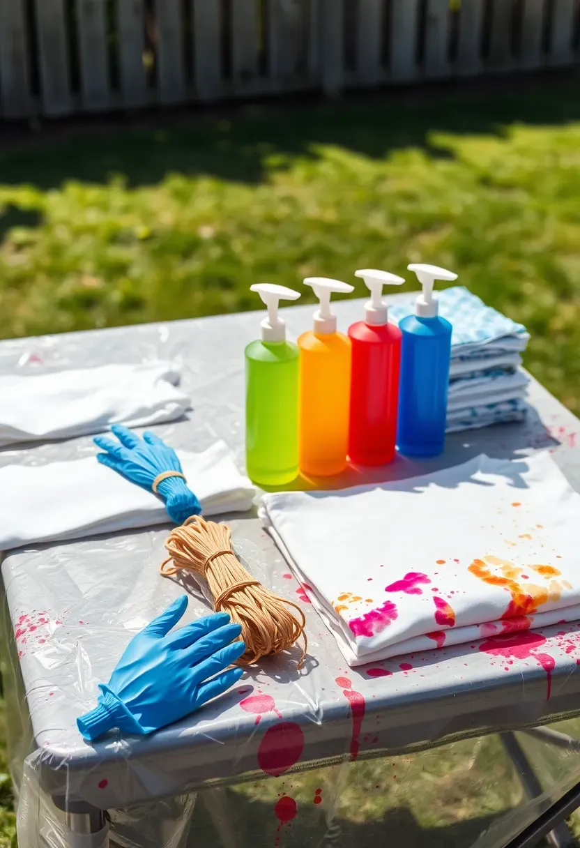 Outdoor craft table with white t-shirts, squeeze bottles of fabric dye, rubber bands, and plastic covers for a tie-dye activity at a teen party