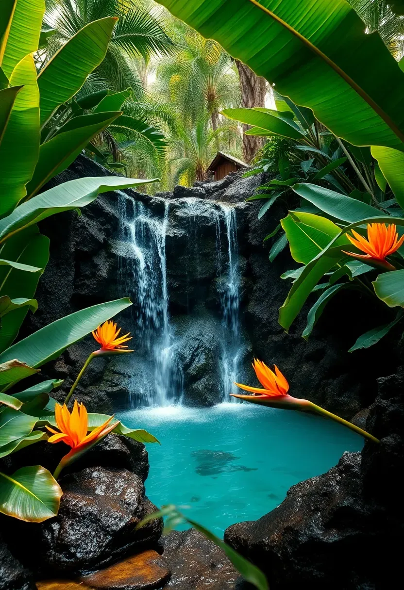 Tropical backyard waterfall surrounded by banana plants, birds of paradise, elephant ears, and large volcanic rocks with a lagoon-style pool