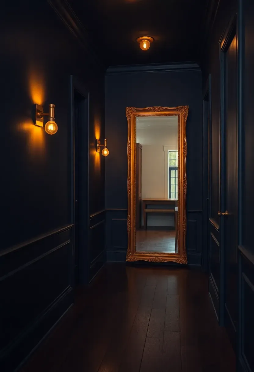 Dramatic dark hallway entryway with deep navy walls, brass wall sconces, dark hardwood floor, and a vintage gilt mirror