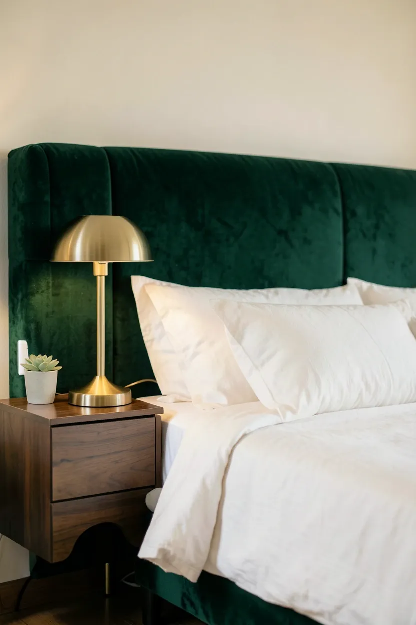 Boho-chic bedroom with emerald green velvet headboard, white linen bedding, woven throw pillows, and a rattan side table