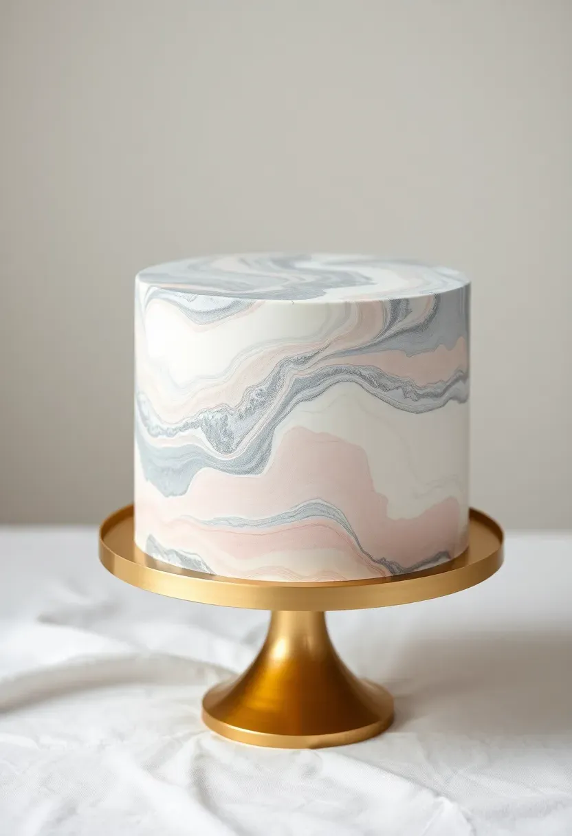 sophisticated marbled fondant baby shower cake with swirled grey white and blush pink veining resembling natural marble stone