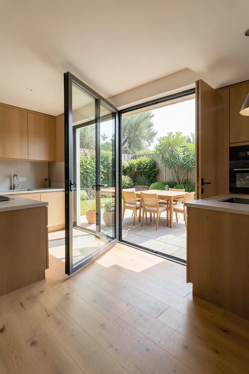 Floor-to-ceiling glass doors connecting organic modern kitchen to outdoor patio with consistent natural stone flooring and plant accents