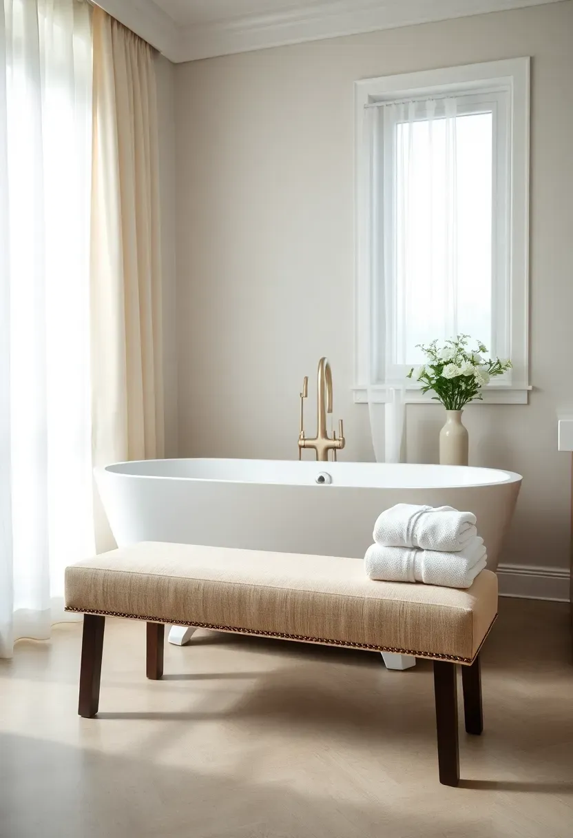 Long upholstered bench with linen cushion placed at the foot of a freestanding bathtub in a spacious bathroom