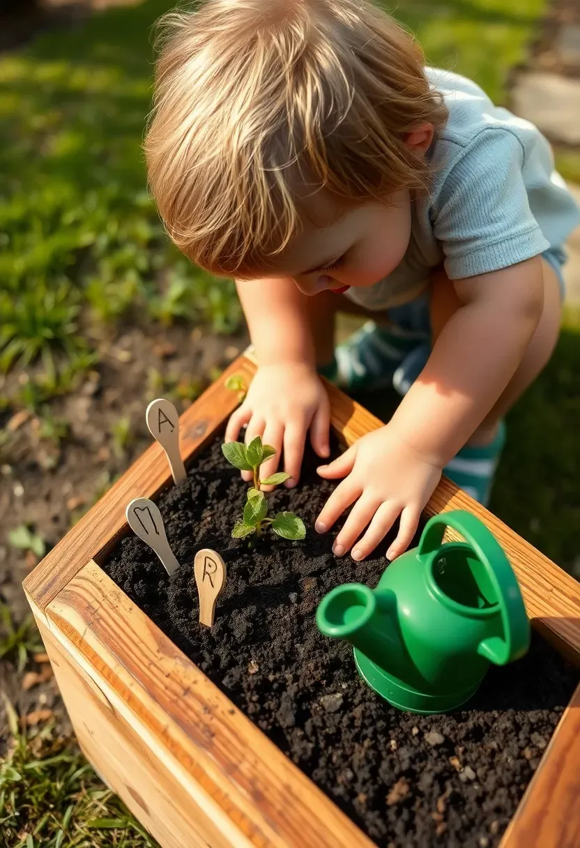 A child planting seedlings in a small raised garden bed at kid height, filled with dark soil, with hand-painted plant markers and a small watering can nearby