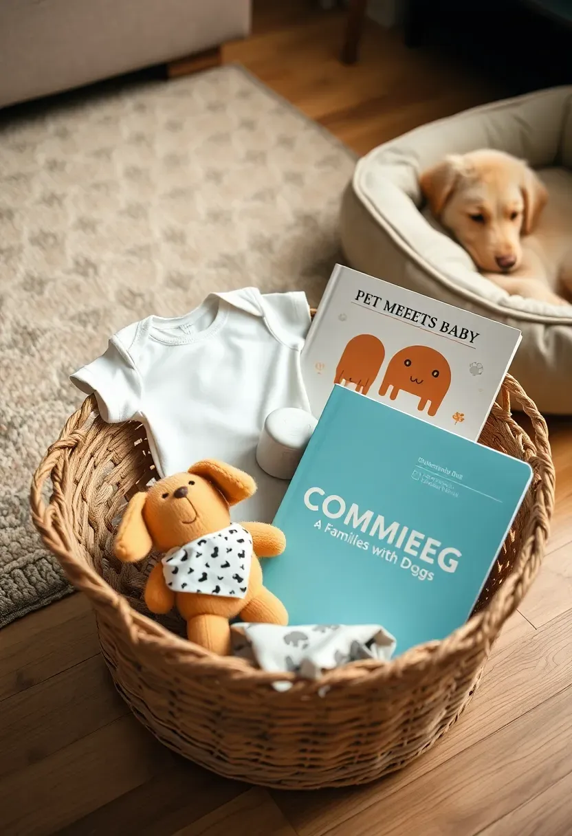 pet meets baby transition basket with a baby onesie that smells like home a dog bandana a board book about pets and a calming pet diffuser