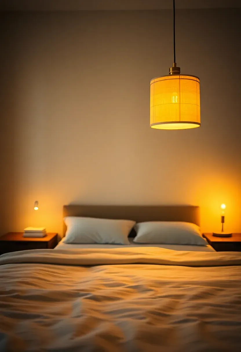 Layered pendant lights over bedside tables