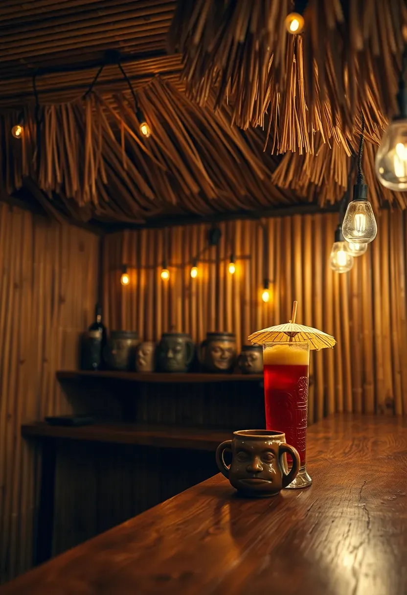 Tropical rum bar in a basement with bamboo reed walls, thatched roof overhang, colorful tiki mugs on display, and string lights draped overhead