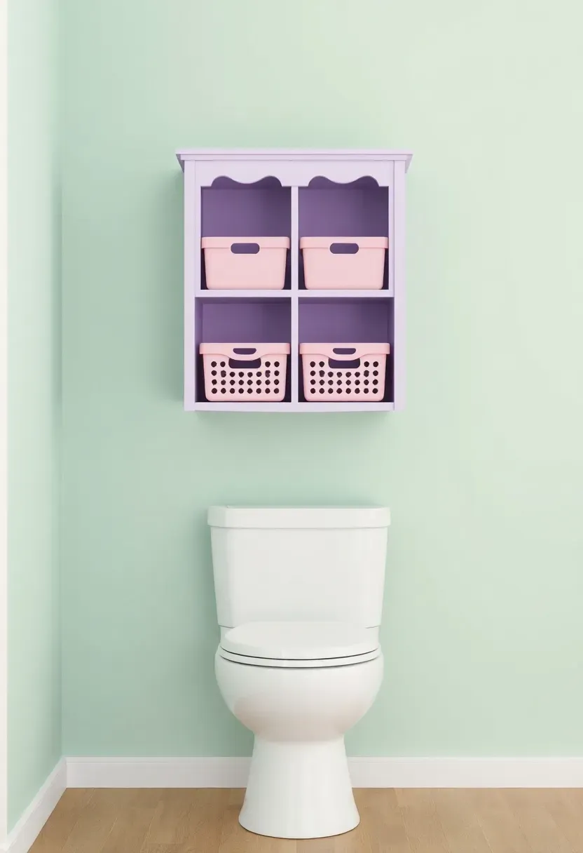 Pastel lavender over-toilet storage unit with soft pink baskets for small apartment bathroom organization in Toca Boca style
