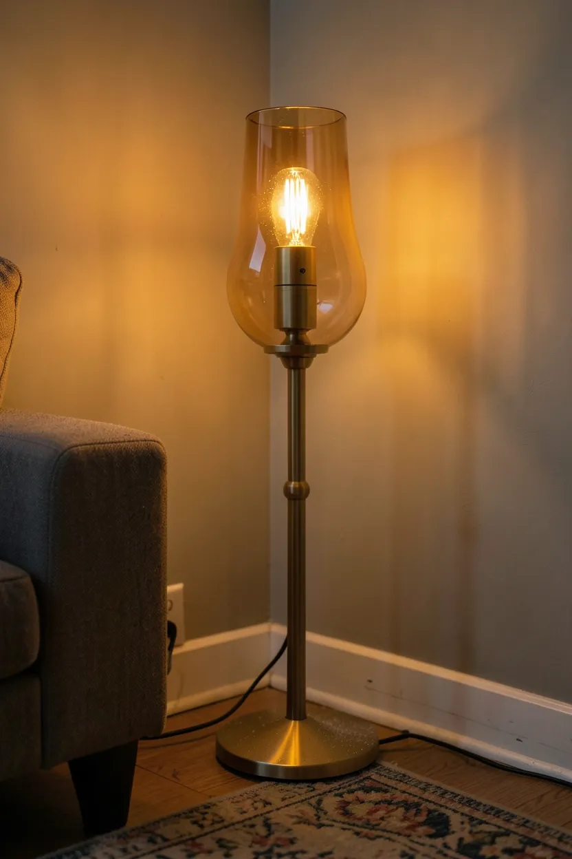 Hyper-realistic 3/4 view of floor lamp standing in corner of living room. Lamp has slender brass base and tall amber glass shade that shows warm golden glow. Visible warm bulb inside creates soft amber illumination that casts warm light on surrounding area. Part of sofa and rug visible in amber-tinted light. Evening atmosphere with floor lamp as primary light source. Slight dust accumulation on brass base showing real use. Materials: brass, amber glass, metal. Warm ambient mood. Sharp lamp details and warm glow effect, soft shadows, balanced composition. No text, no logos, no watermarks.