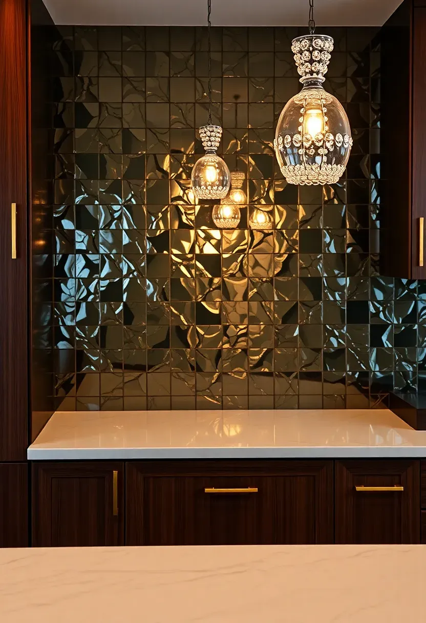antique mirrored glass tile backsplash with smoky patina in a glamorous kitchen with crystal pendant lights